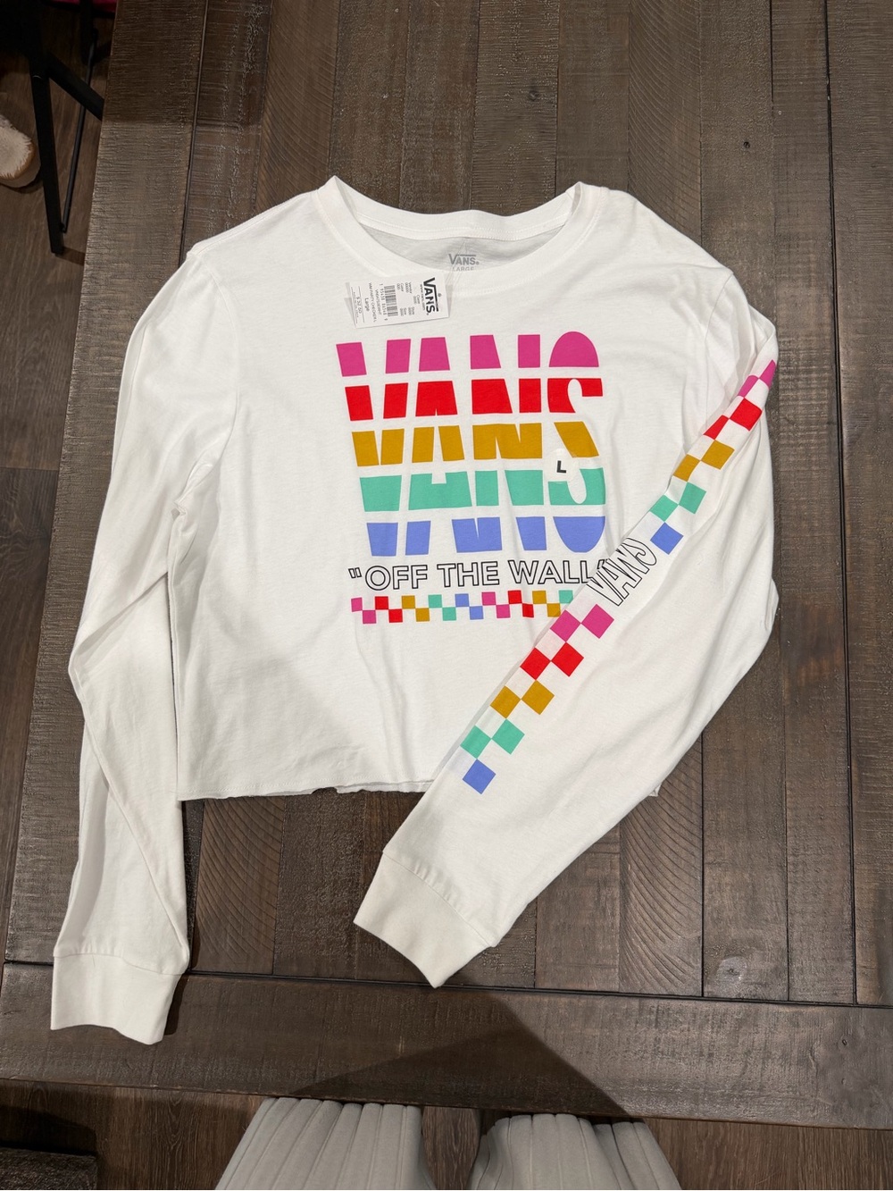 Vans White cropped Tee with Pink, Red and Yellow Checker Graphics